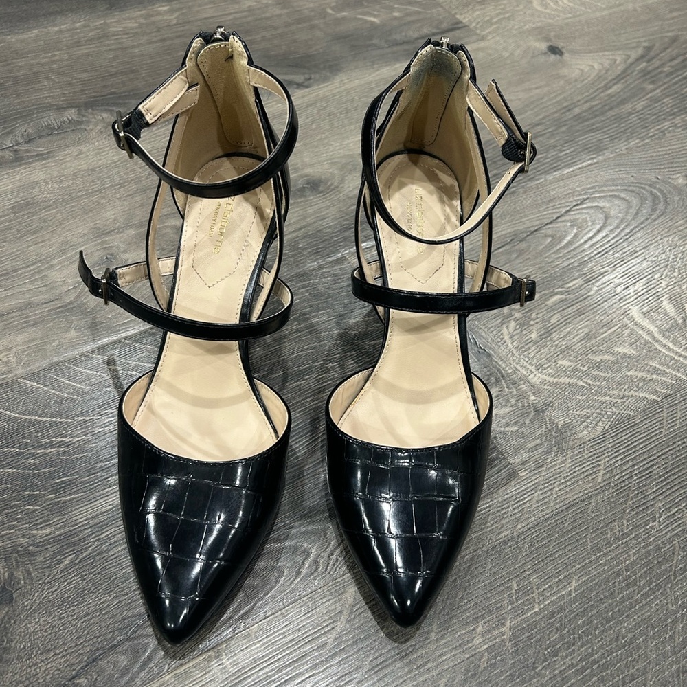 Liz Claiborne Black Heels 
Size 8.5 Medium 
Straps Zipper Elegant Formal